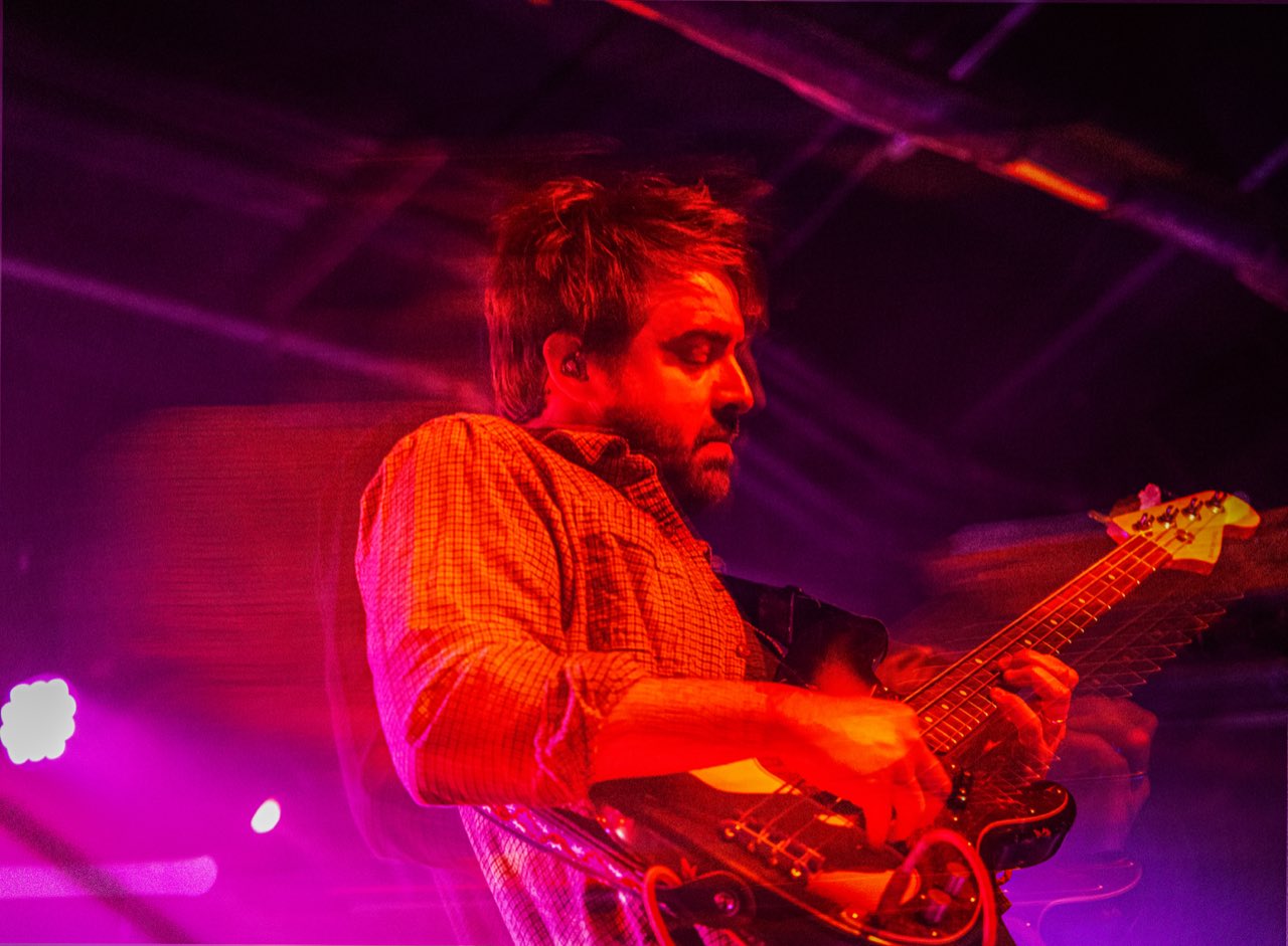 Houseplant bassist in plaid shirt playing a sunburst Jazz bass under magenta light with subtle motion blur