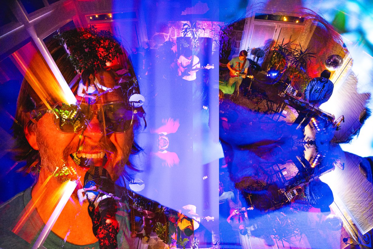 Houseplant band members composited within layered images of houseplants and stage lighting in a colorful collage