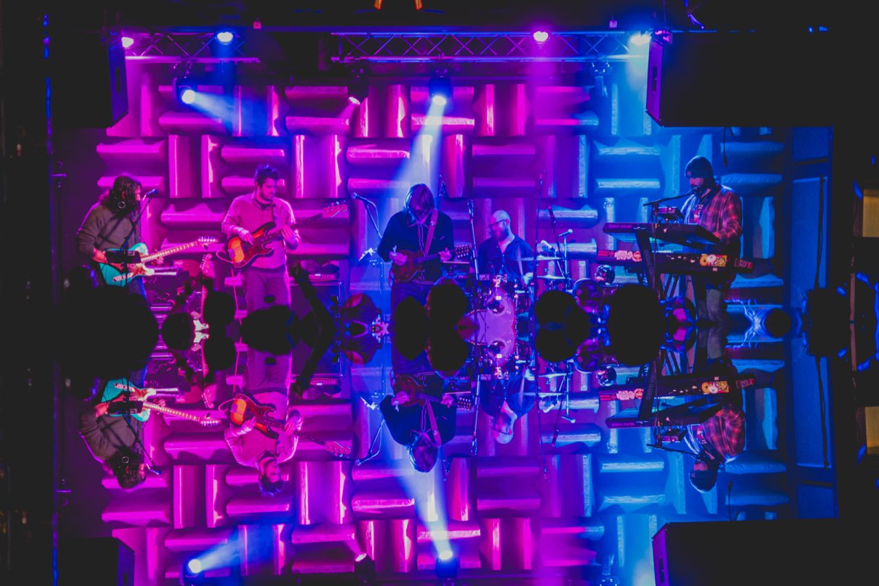 Houseplant full band on stage with mirror reflection, magenta and blue stage lighting against foam acoustic panel backdrop